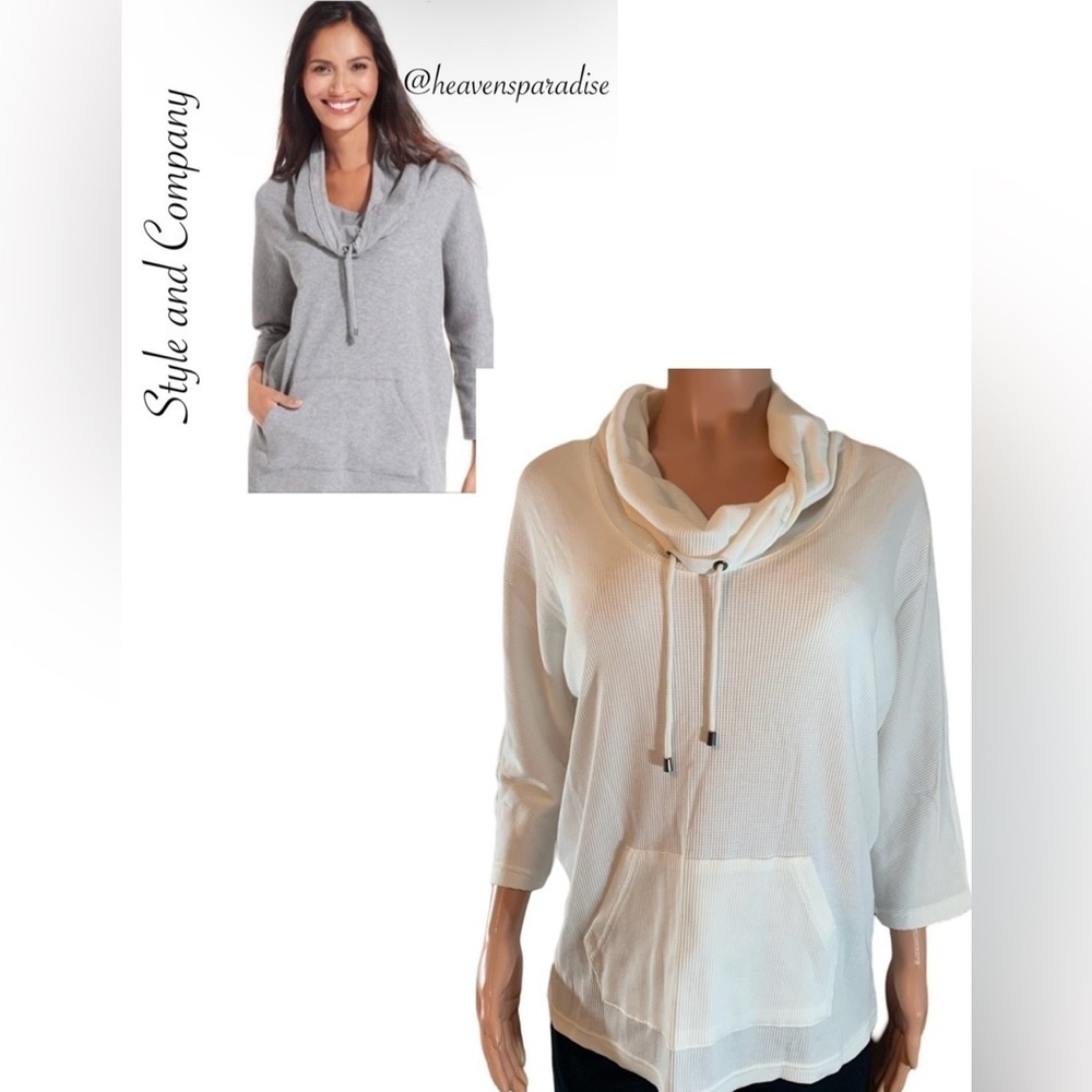 Style & Company white waffle knit three-quarter sleeve cowlneck tunic sweatshirt - Picture 2 of 10